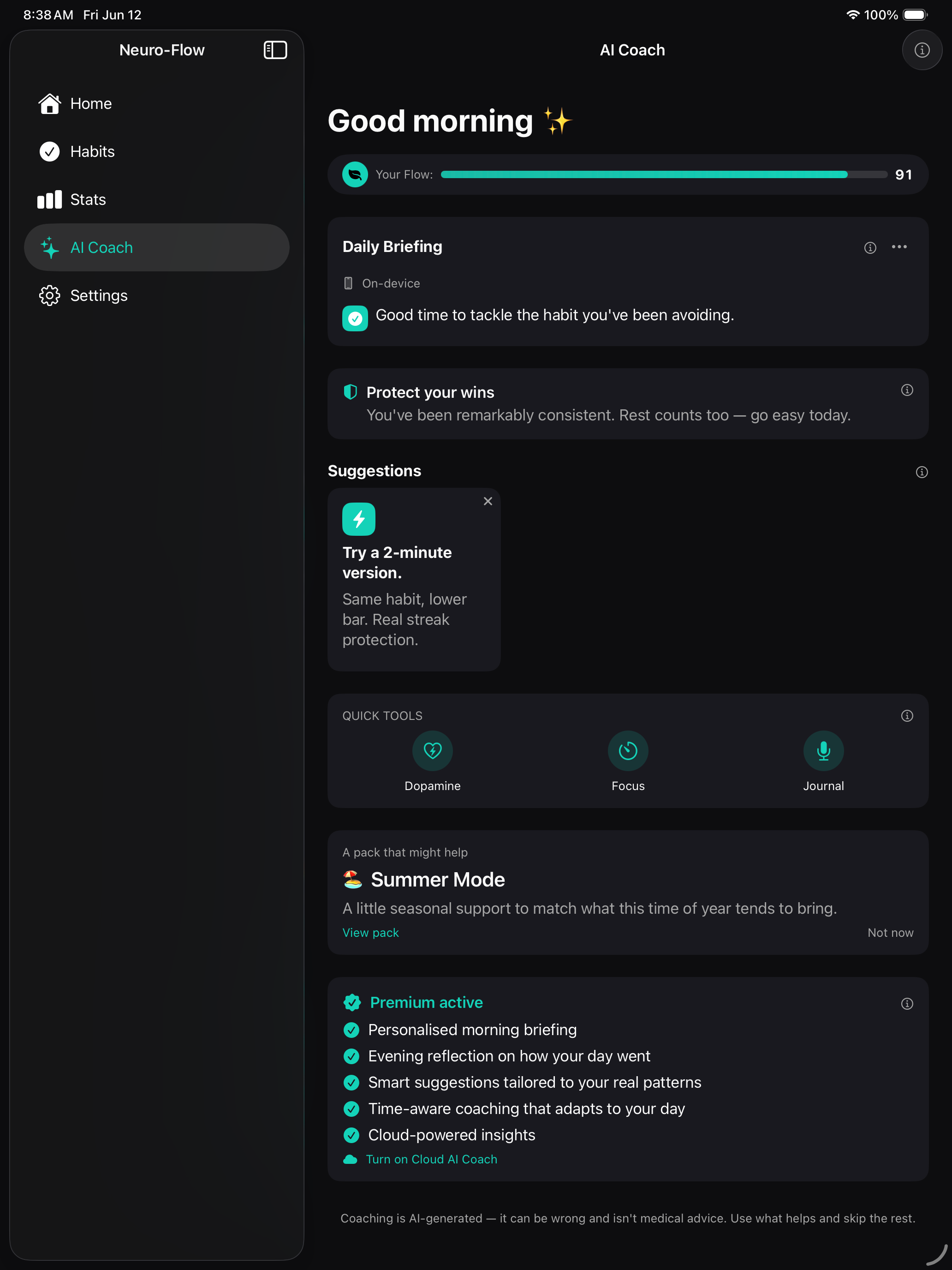 AI coach conversation with a supportive briefing